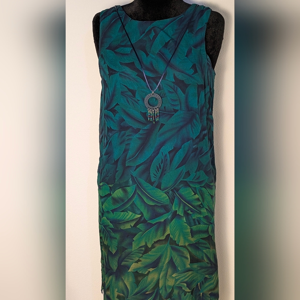 Cascais Vintage 90s Tropical Palm Print Layered Maxi Dress Teal Green Sz 8 Rayon - Picture 2 of 10